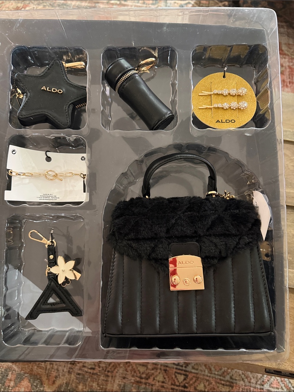 ALDO Black Faux-Fur Trim Quilted Mini Handbag with Gold Hardware